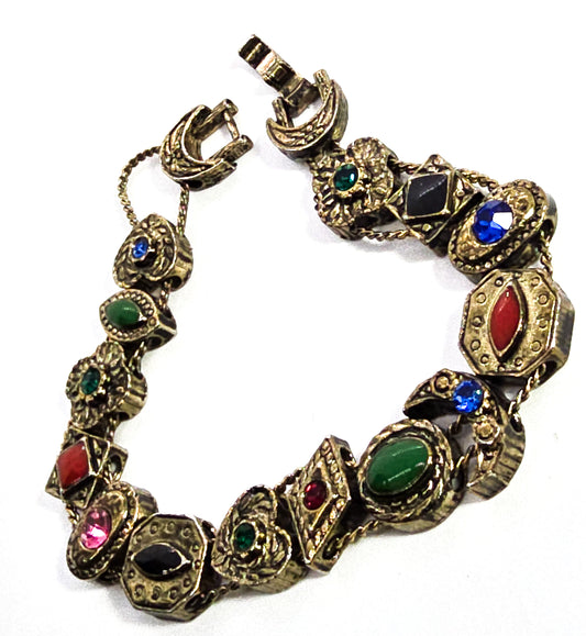 Victorian revival vintage crescent moon and heart rhinestone slider bracelet