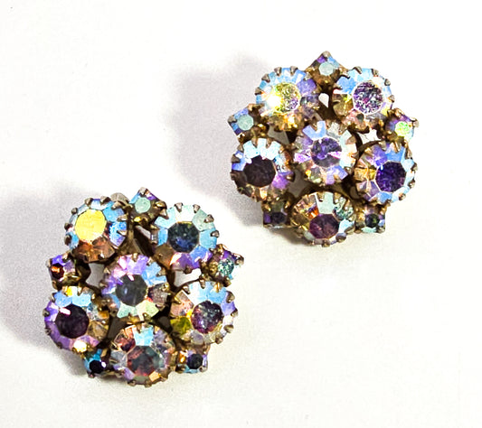 Rainbow flower cluster aroura borealis AB vintage rhinestone clip on earrings