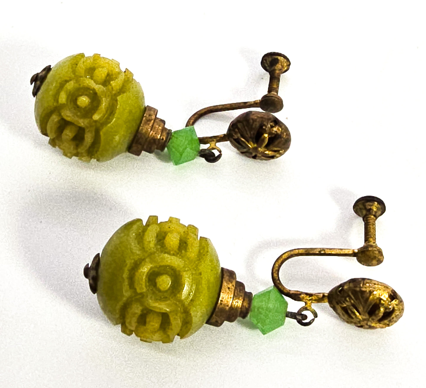 Art Deco carved galalith green bead antique screw back earrings