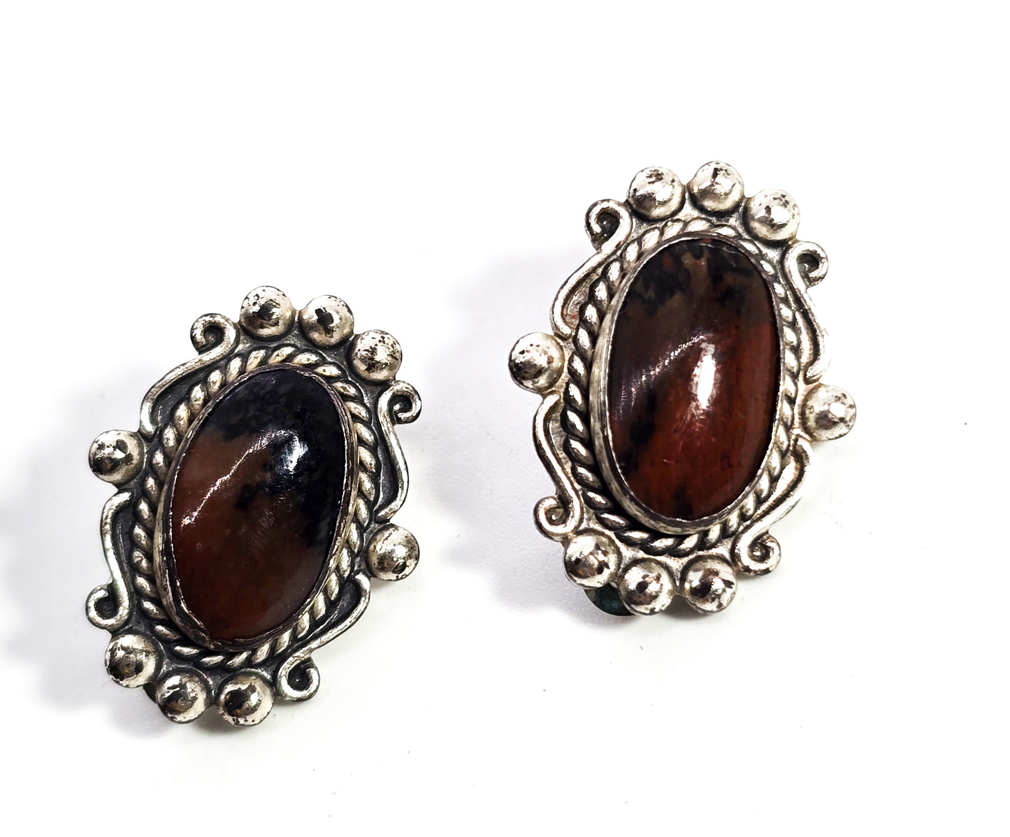 Petrified Wood Native American sterling silver vintage clip on earrings