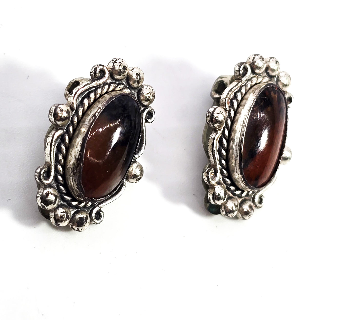 Petrified Wood Native American sterling silver vintage clip on earrings