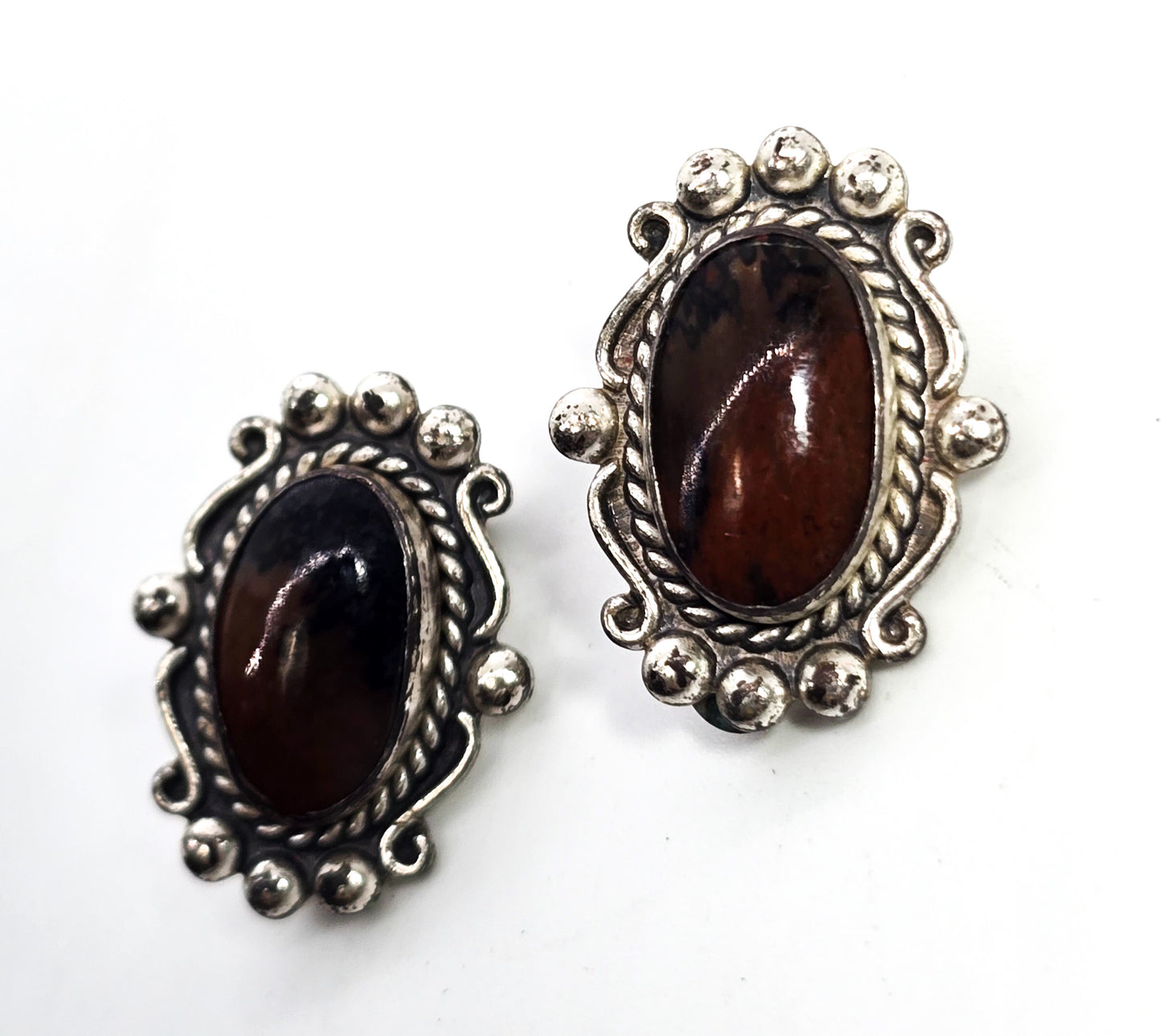 Petrified Wood Native American sterling silver vintage clip on earrings