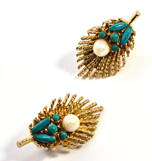 Arthur Pepper ART signed faux pearl and turquoise gold toned vintage clip on earrings