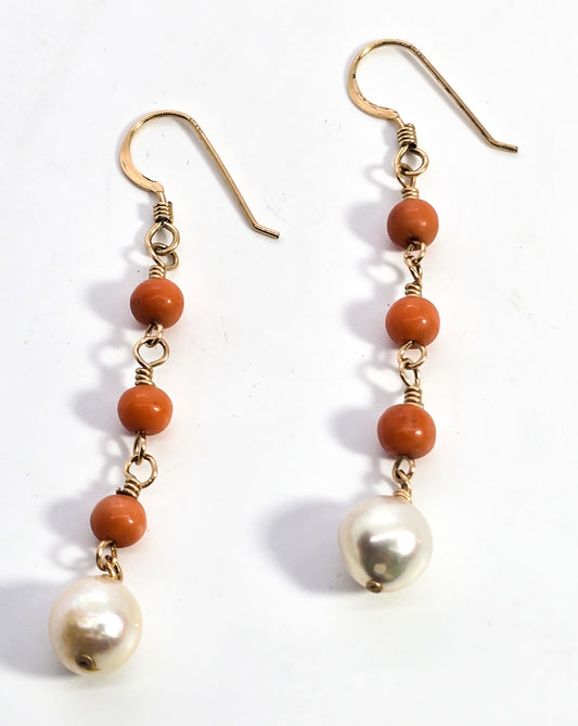 Coral and Pearl yellow gold filled beaded long drop earrings