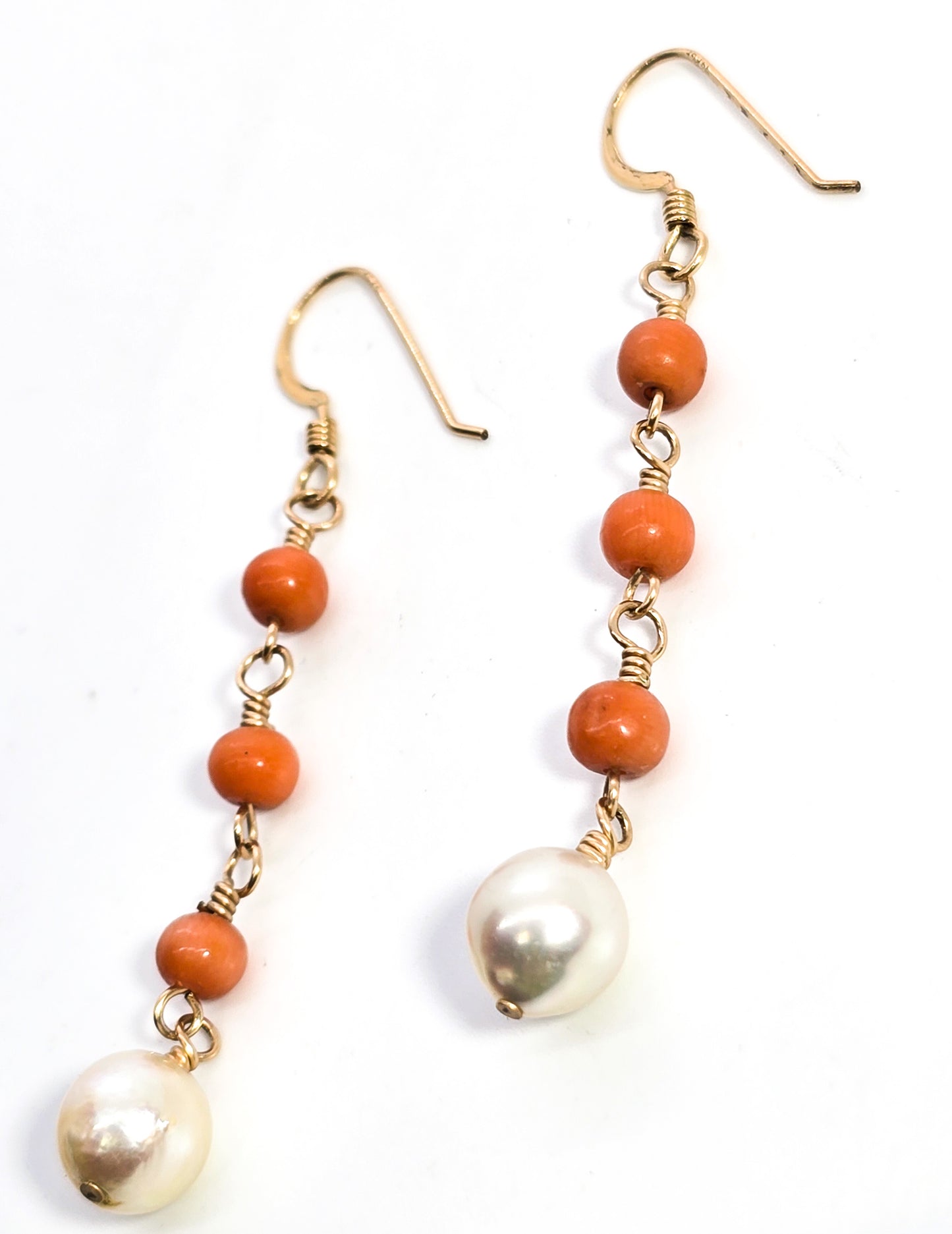 Coral and Pearl yellow gold filled beaded long drop earrings