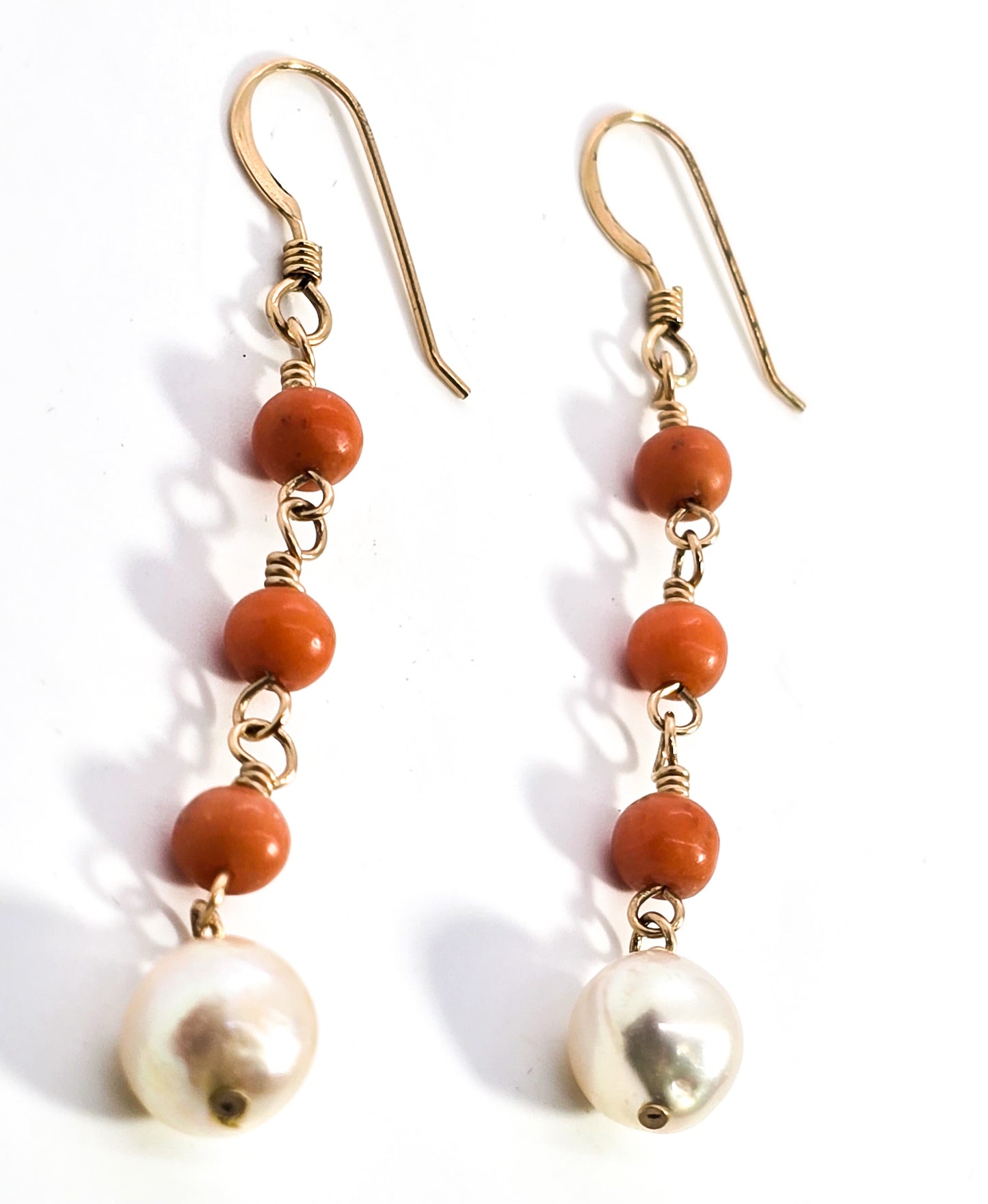 Coral and Pearl yellow gold filled beaded long drop earrings