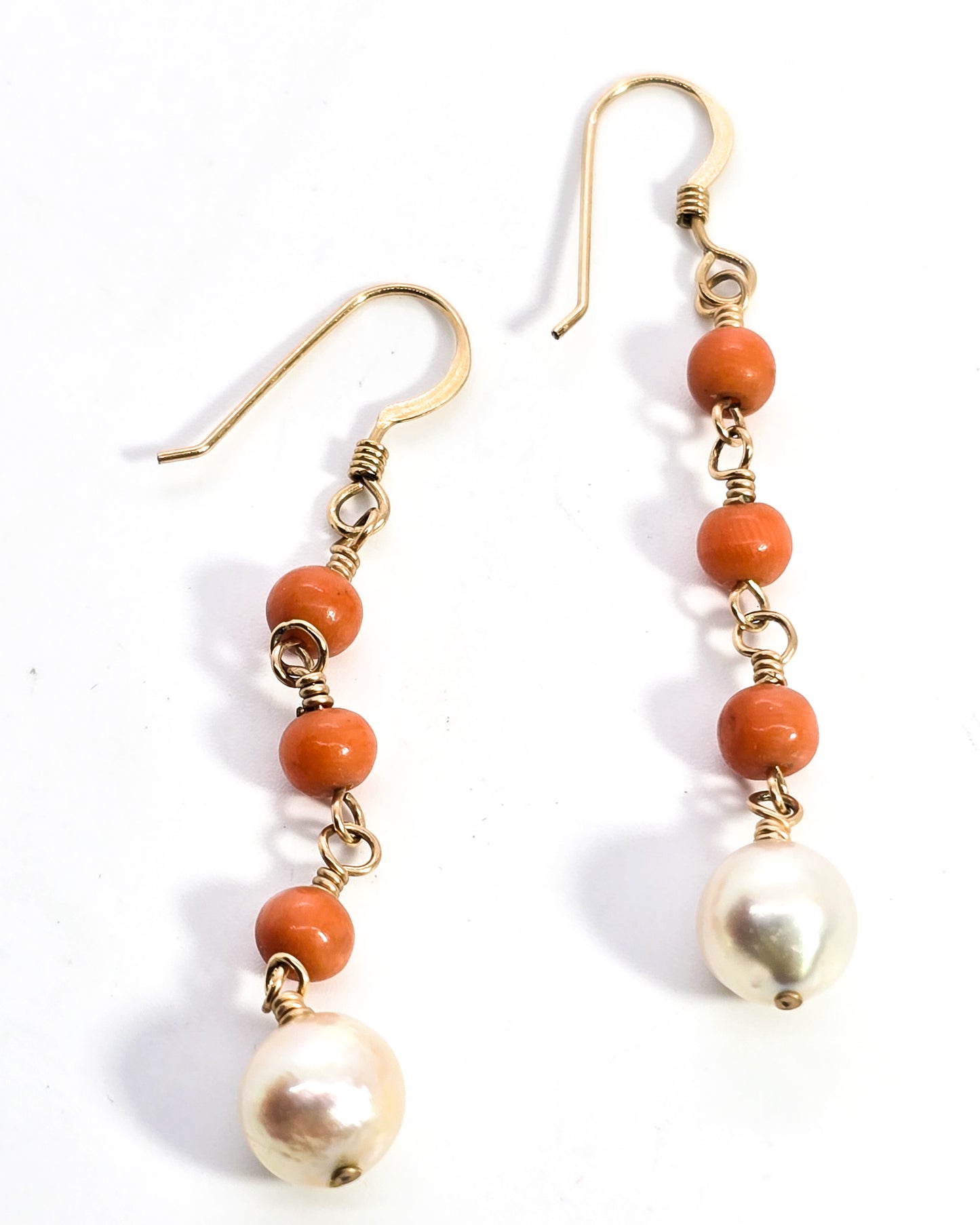 Coral and Pearl yellow gold filled beaded long drop earrings