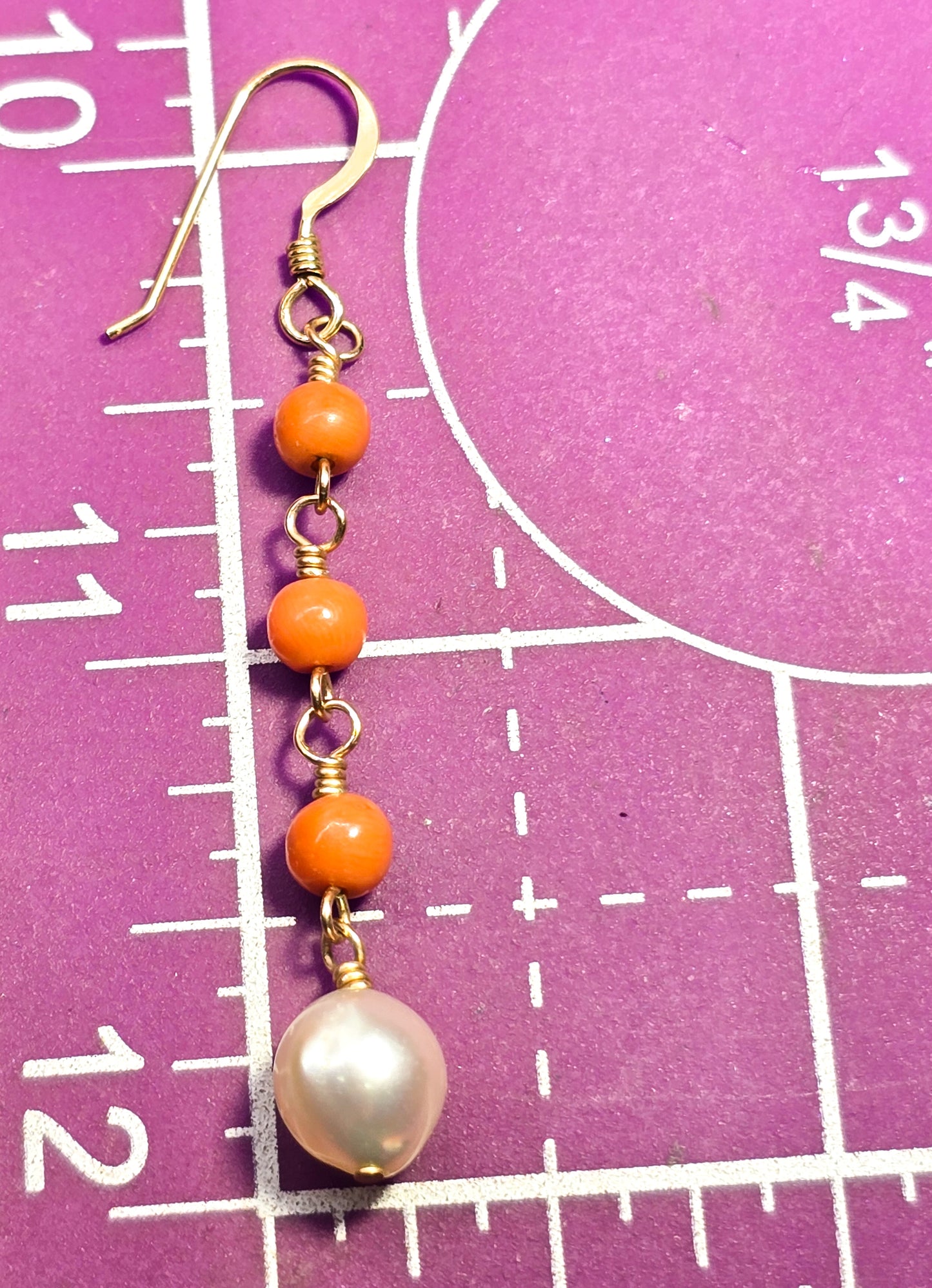 Coral and Pearl yellow gold filled beaded long drop earrings