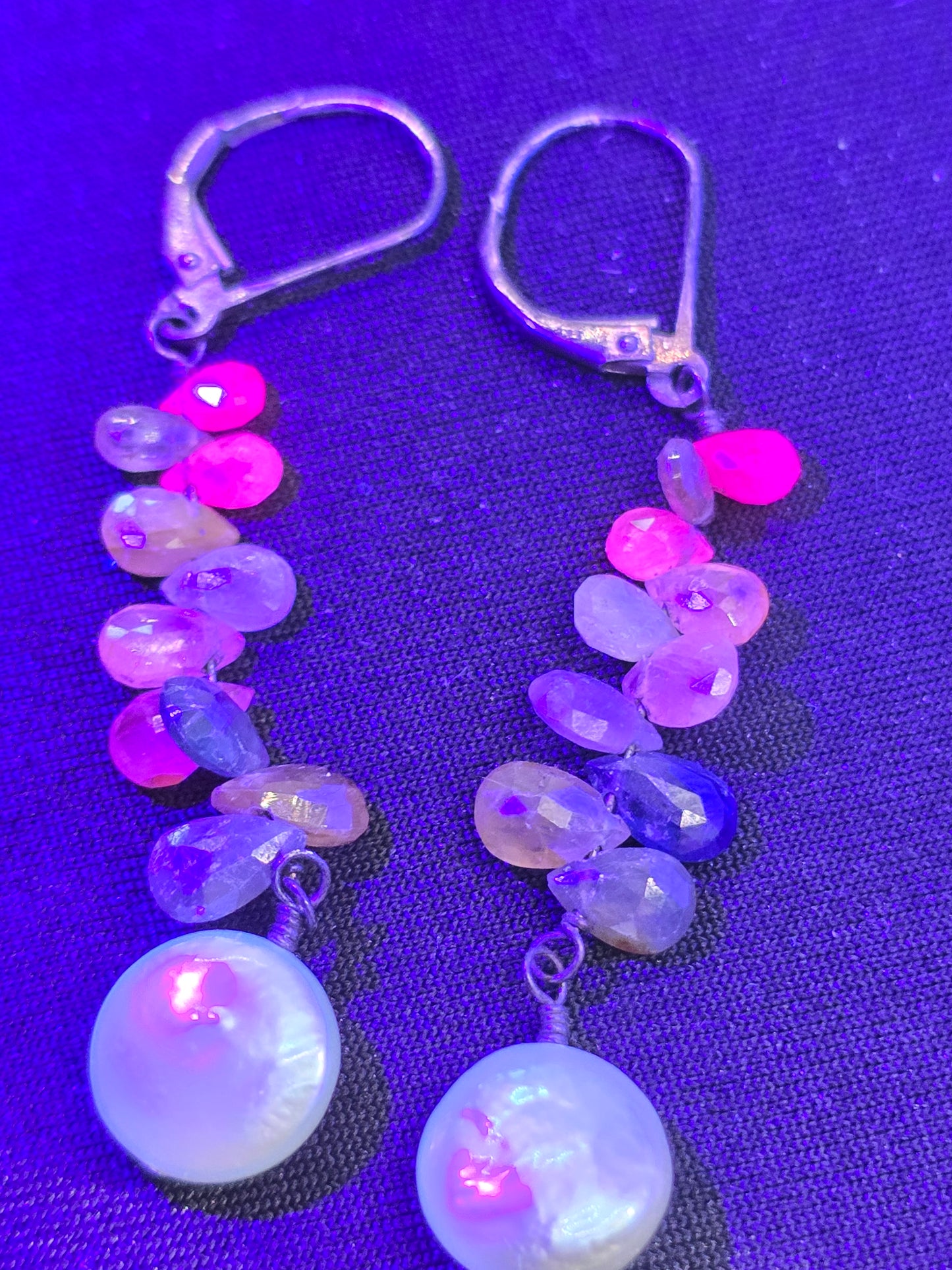 Sapphire tourmaline and pearl multi gemstone sterling silver lever back earrings