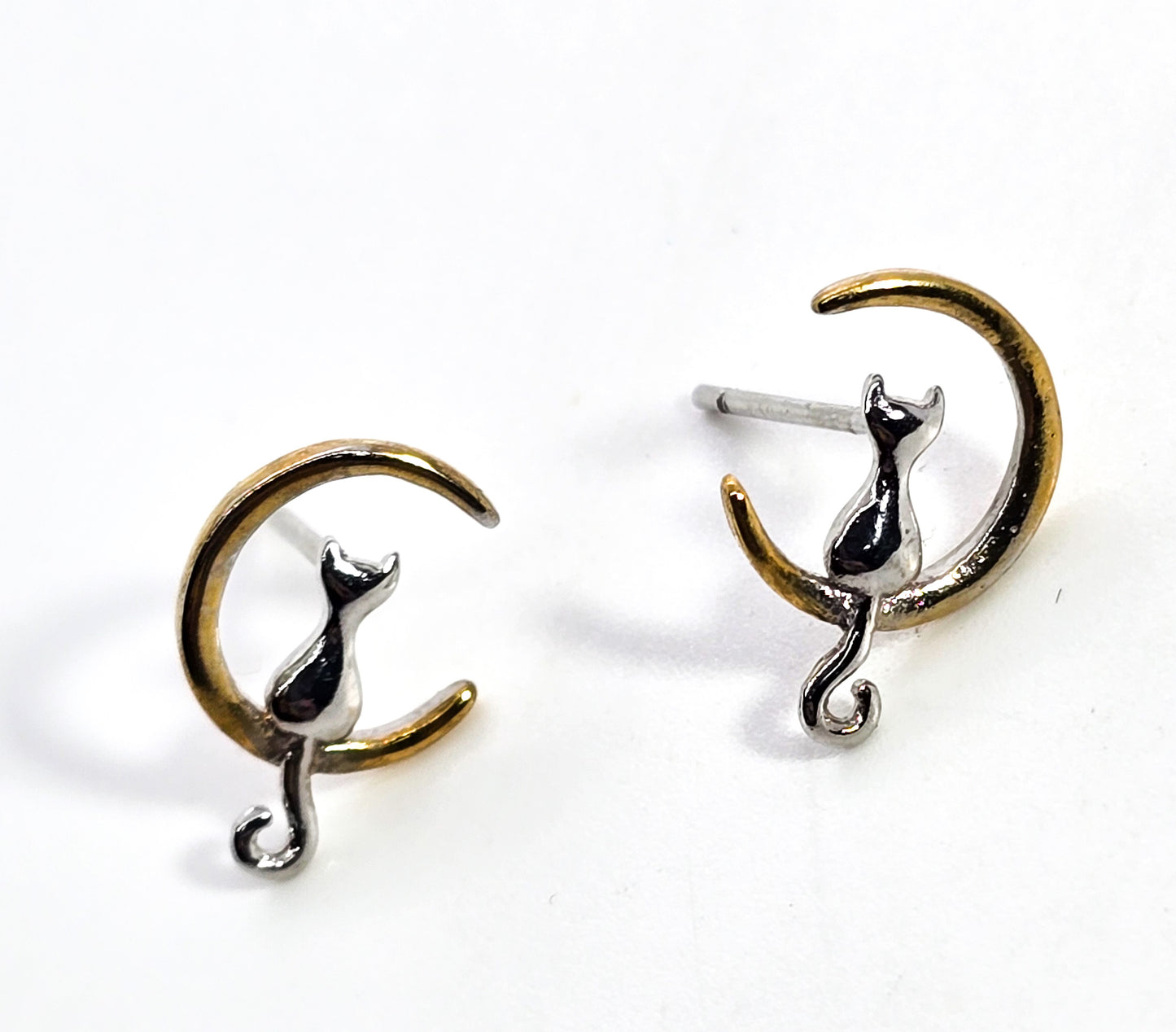 Cat in Crescent moon celestial kitty sterling silver stud earrings