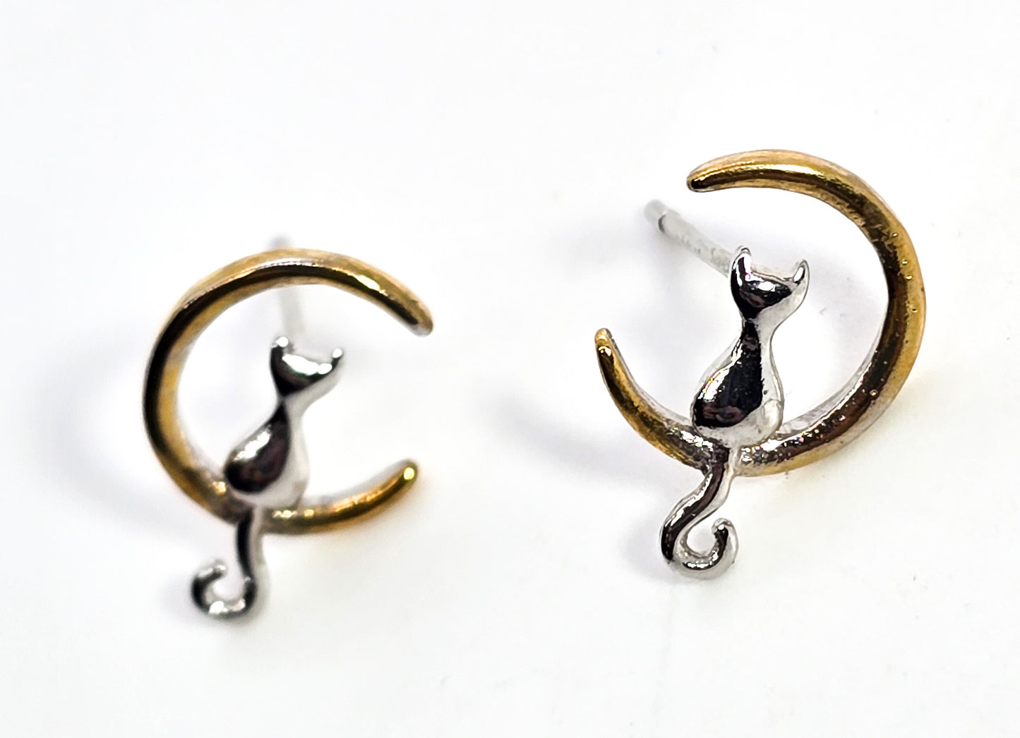 Cat in Crescent moon celestial kitty sterling silver stud earrings