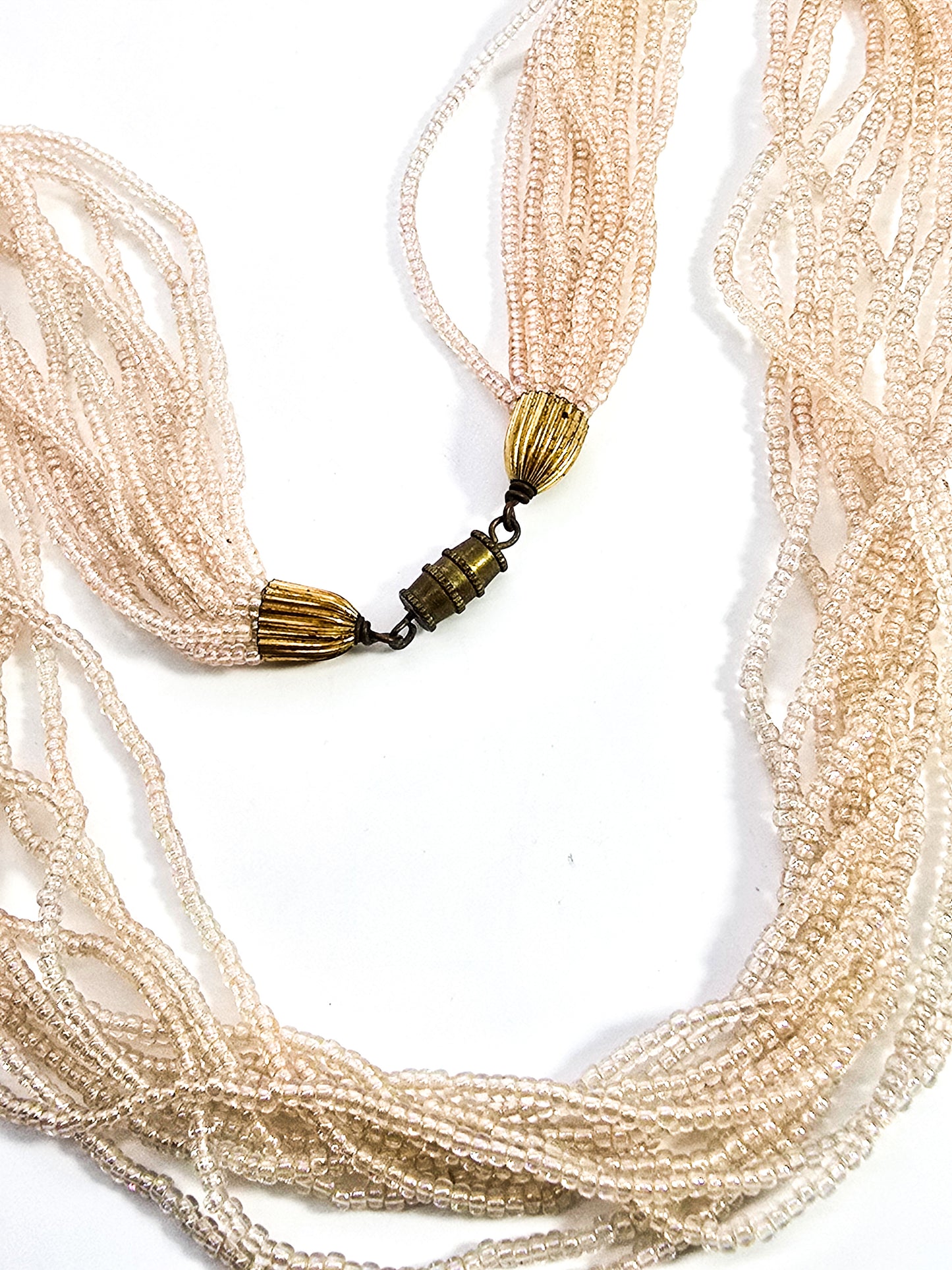 Multistrand Aurora Borealis cream seed bead 11 strand torsade necklace