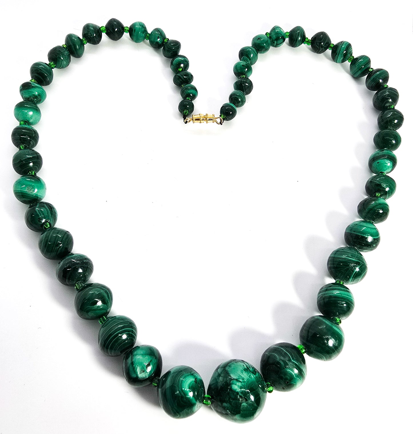 Malachite natural carved green gemstone beaded 22" inch vintage necklace