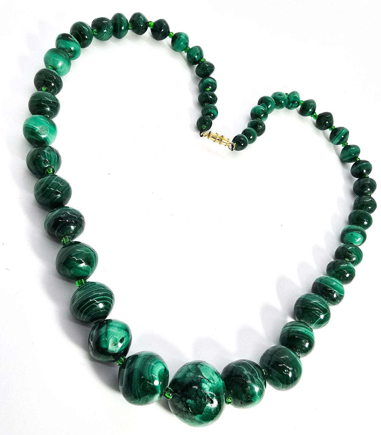 Malachite natural carved green gemstone beaded 22" inch vintage necklace