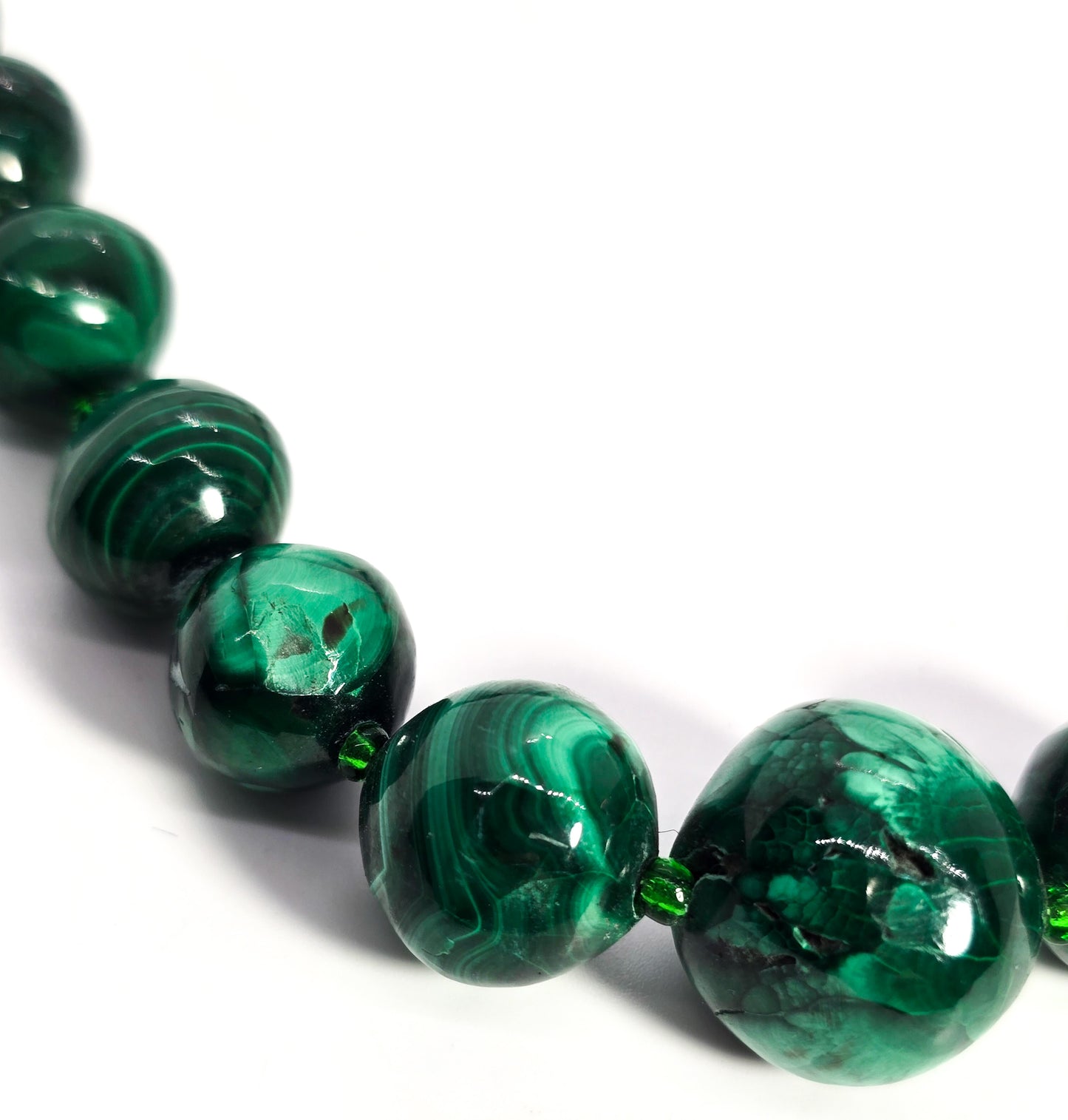 Malachite natural carved green gemstone beaded 22" inch vintage necklace