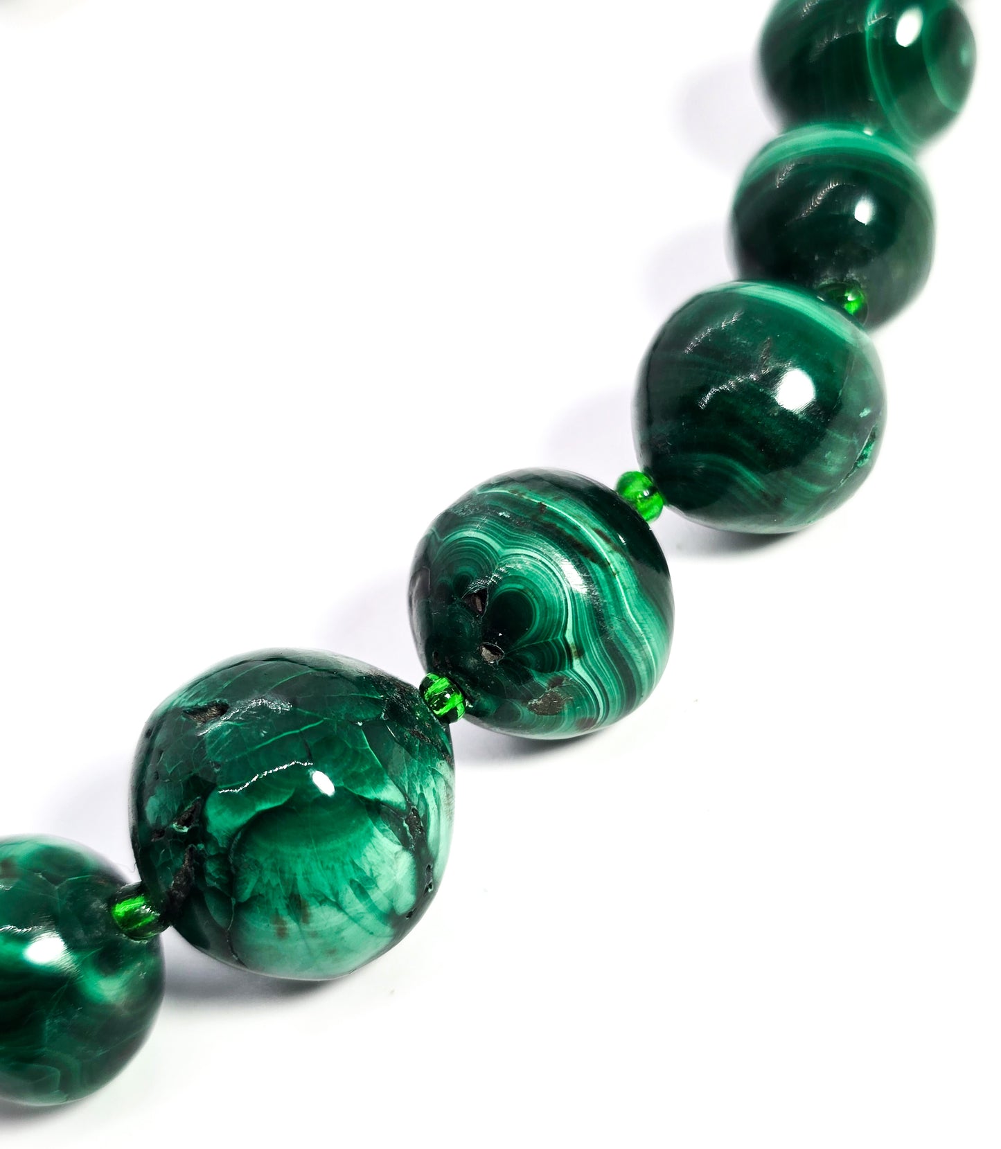 Malachite natural carved green gemstone beaded 22" inch vintage necklace