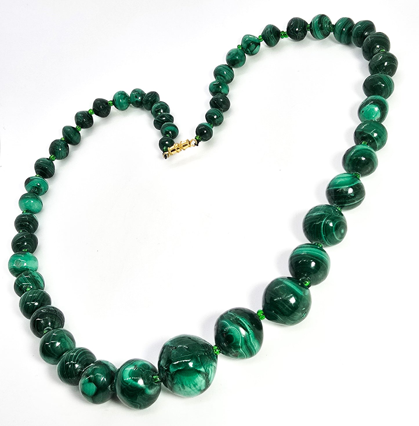 Malachite natural carved green gemstone beaded 22" inch vintage necklace