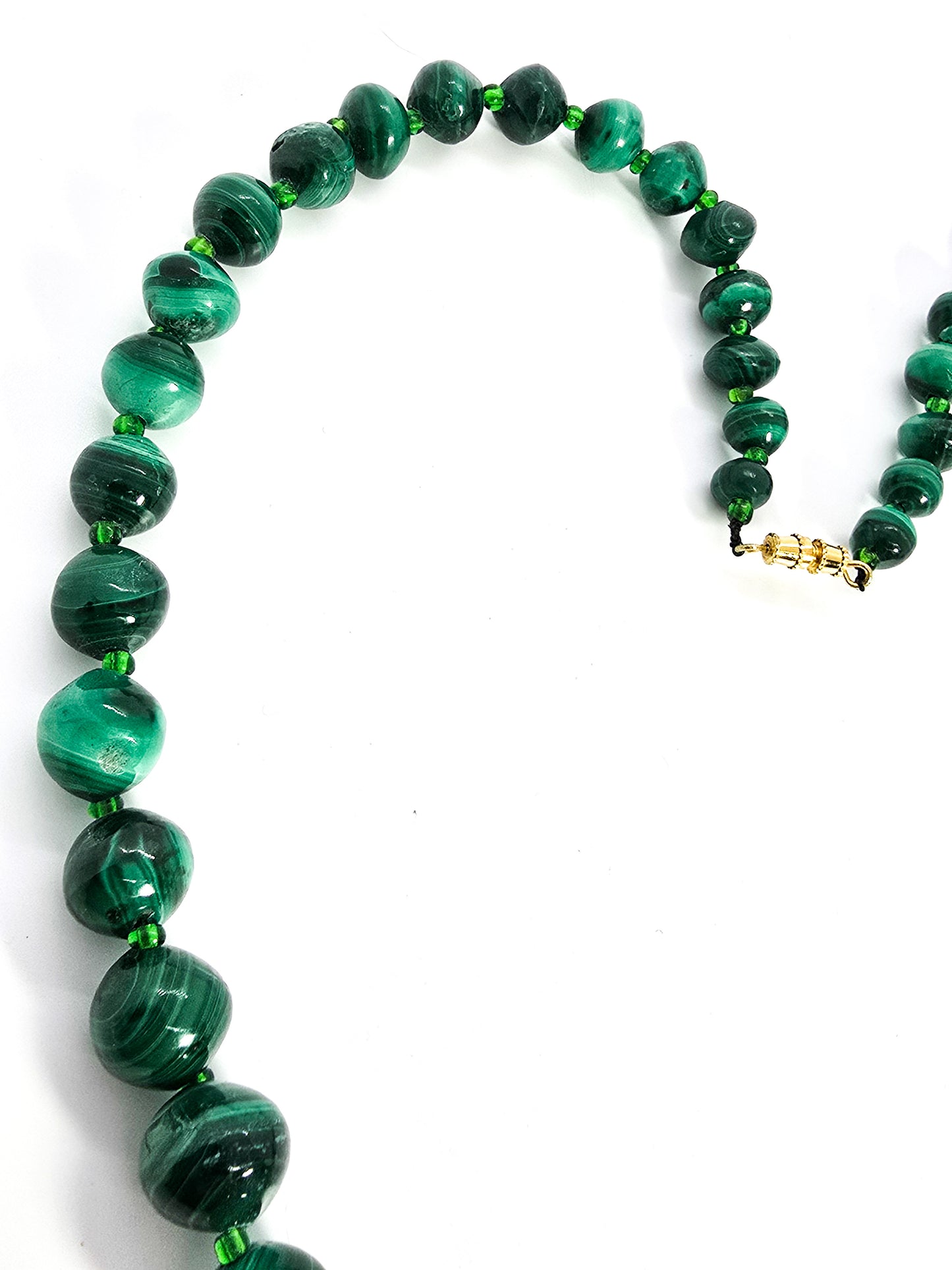 Malachite natural carved green gemstone beaded 22" inch vintage necklace