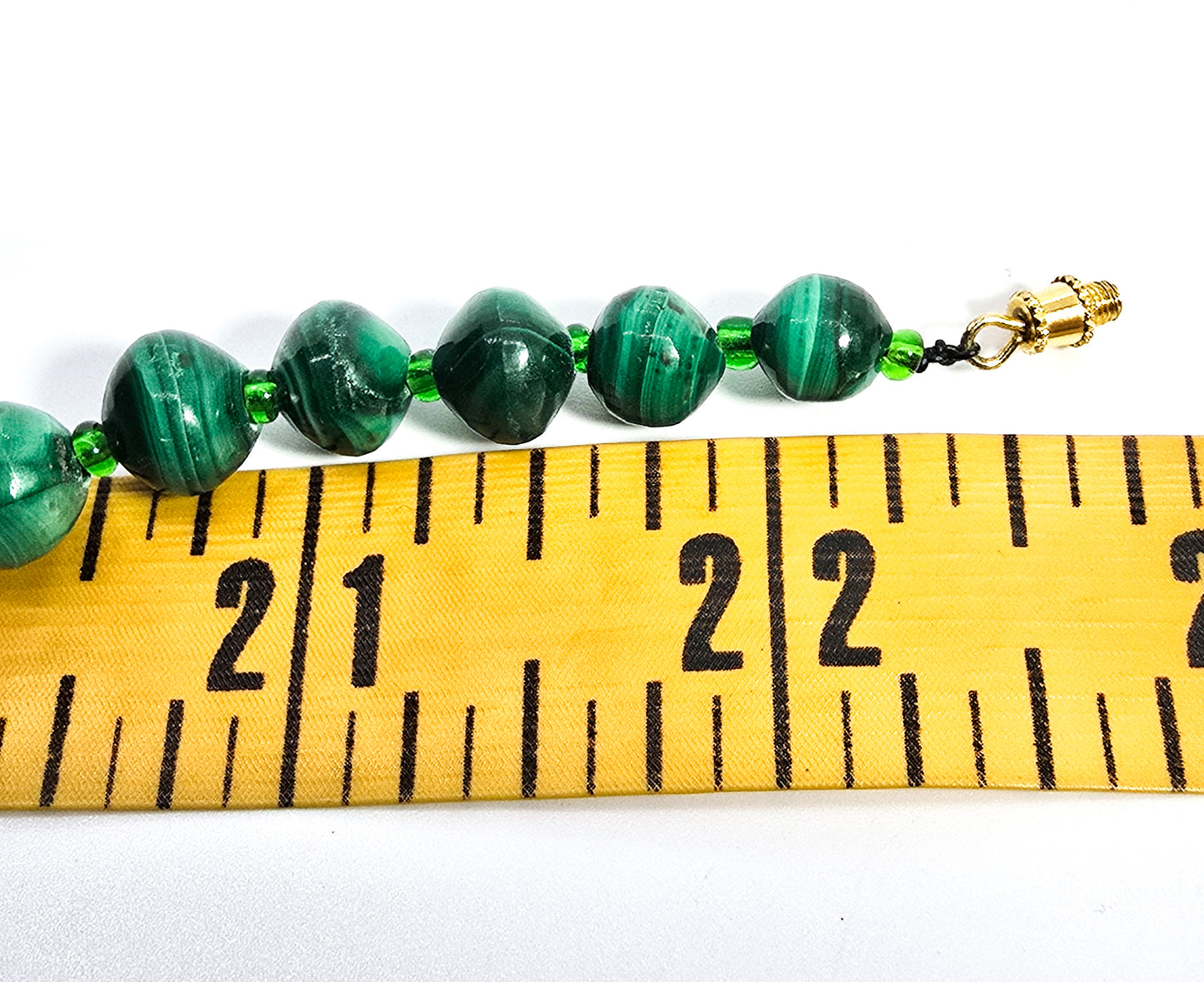 Malachite natural carved green gemstone beaded 22" inch vintage necklace