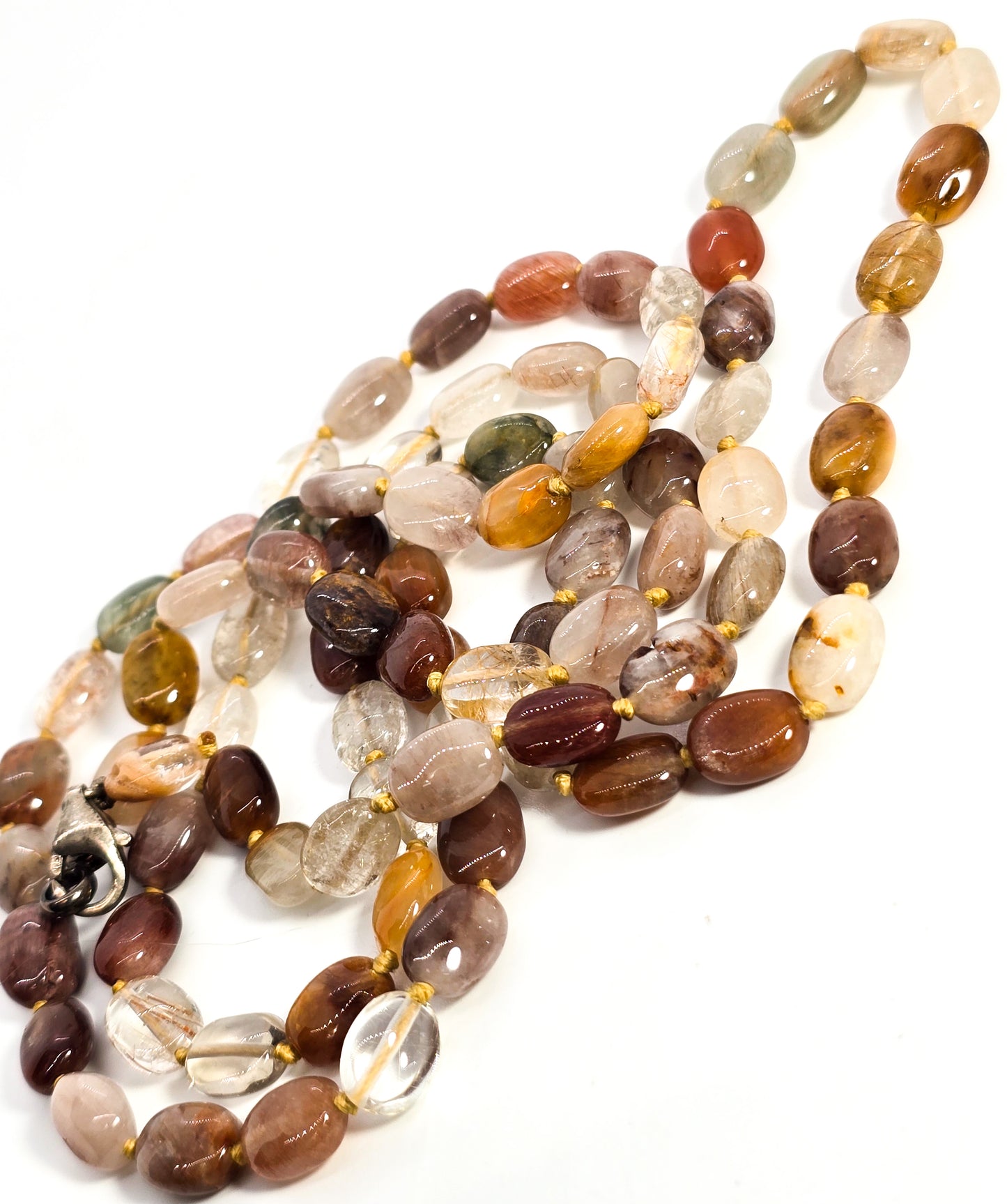 Golden & copper Rutilated Quartz rutile gemstone beaded sterling silver necklace