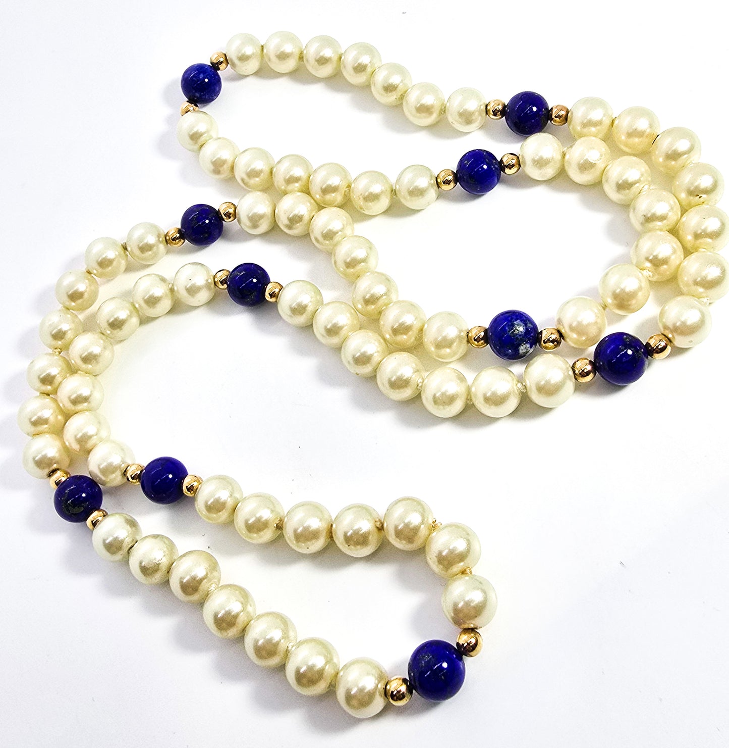 Lapis Lazuli and pearl long beaded yellow gold plated vintage elegant necklace