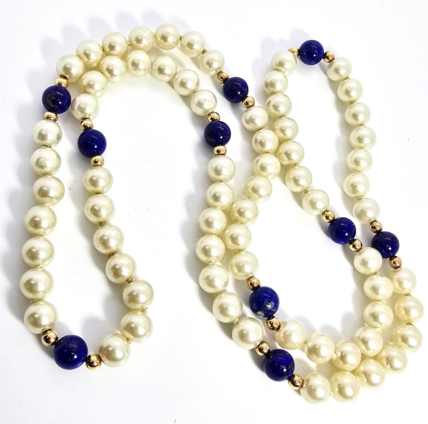 Lapis Lazuli and pearl long beaded yellow gold plated vintage elegant necklace