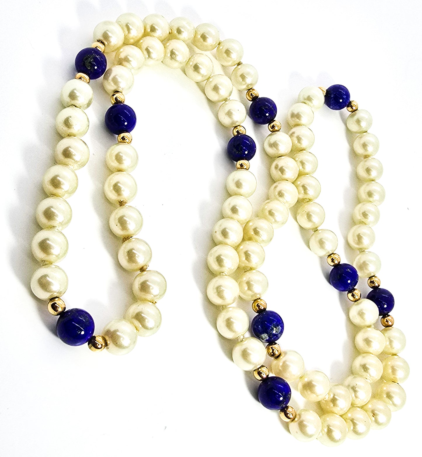 Lapis Lazuli and pearl long beaded yellow gold plated vintage elegant necklace