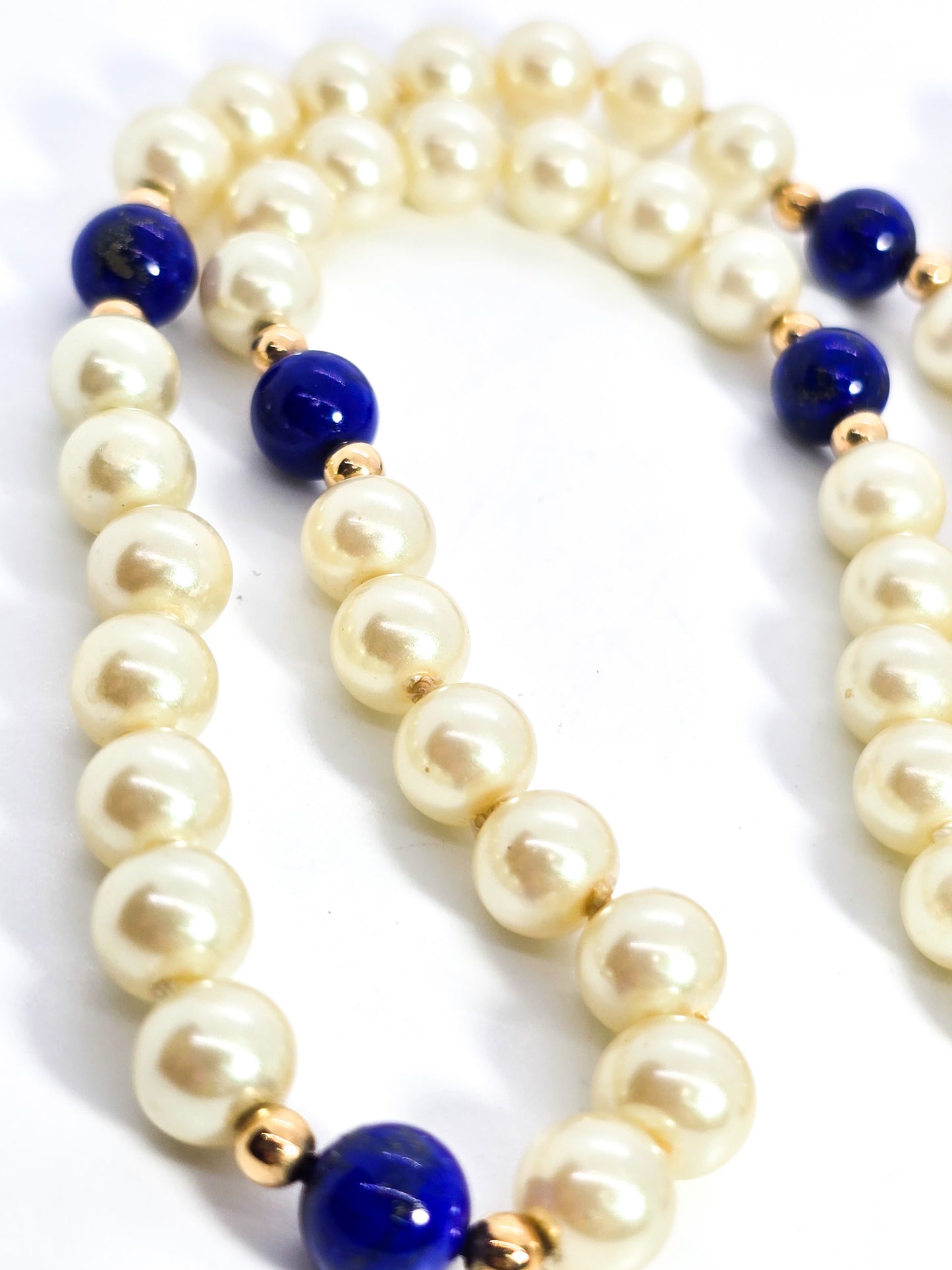 Lapis Lazuli and pearl long beaded yellow gold plated vintage elegant necklace