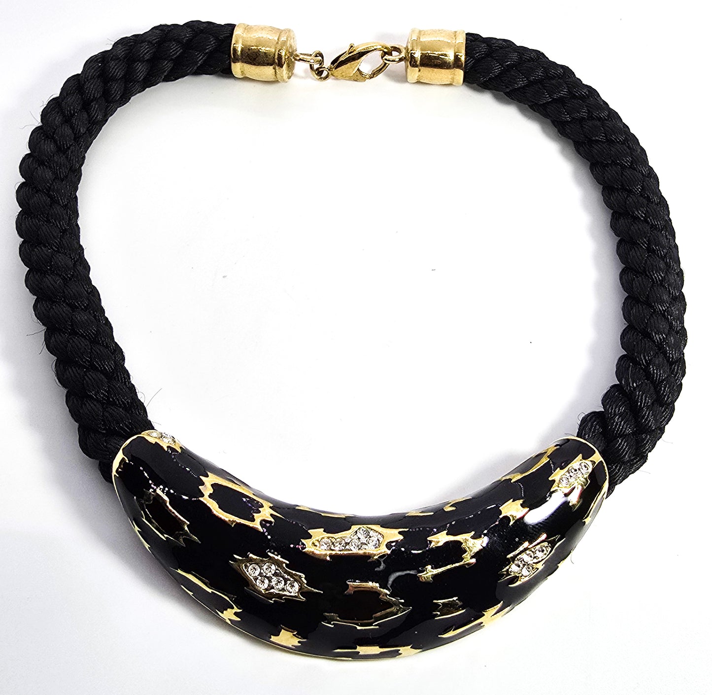 Retro Black and gold braided rhinestone leopard vintage statement necklace