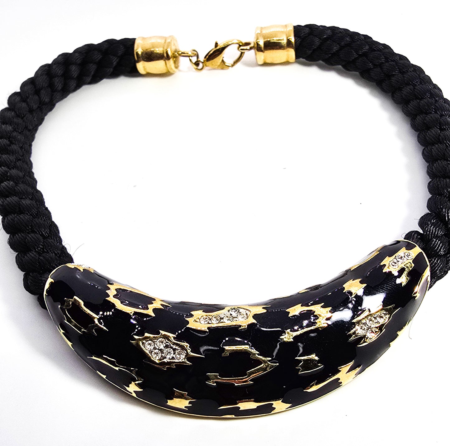 Retro Black and gold braided rhinestone leopard vintage statement necklace