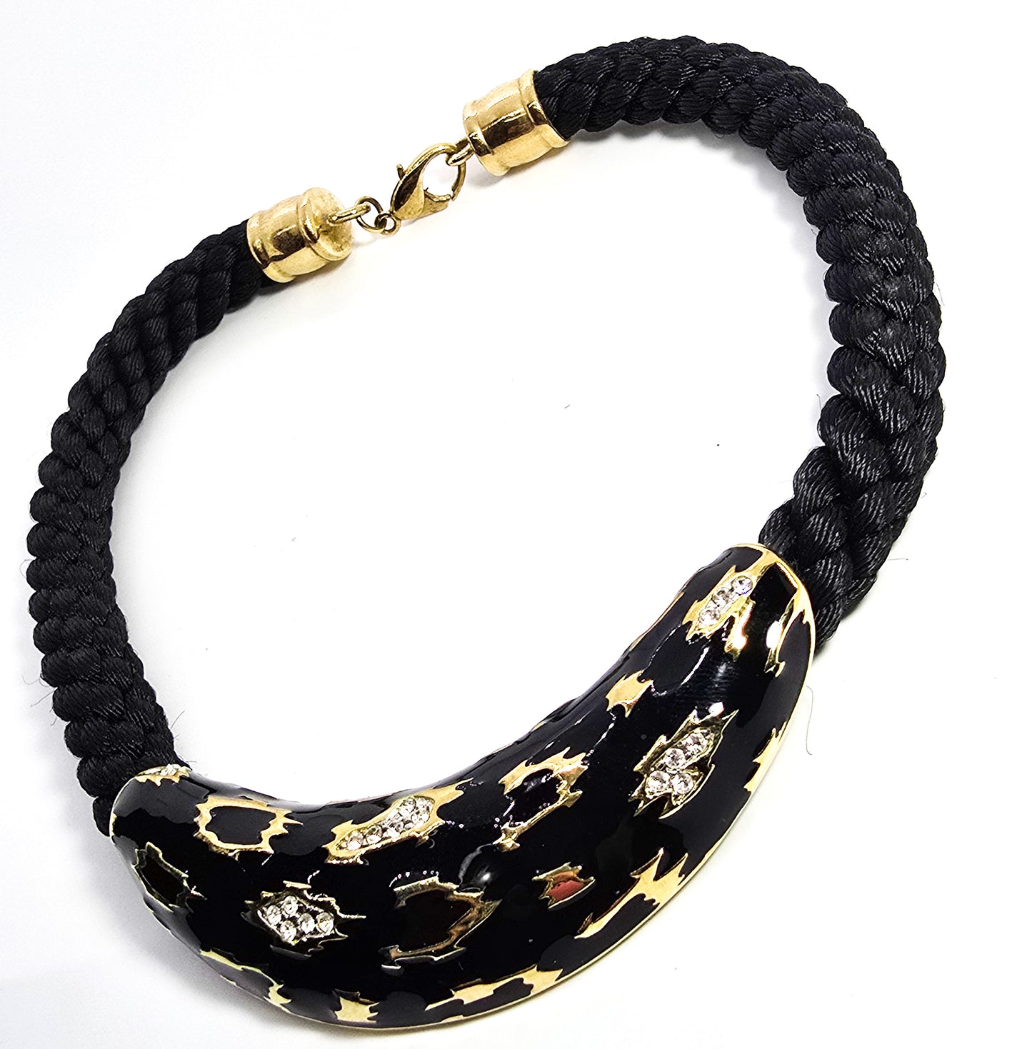 Retro Black and gold braided rhinestone leopard vintage statement necklace