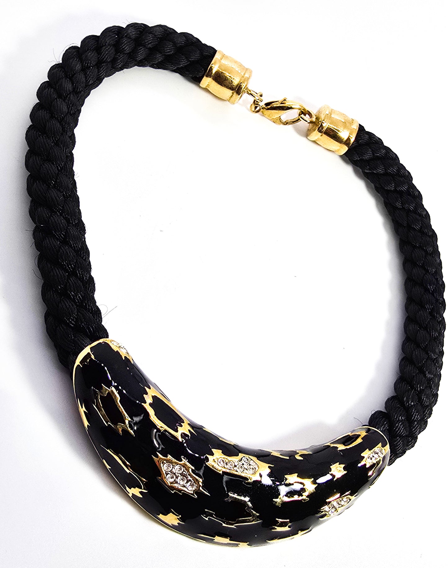 Retro Black and gold braided rhinestone leopard vintage statement necklace