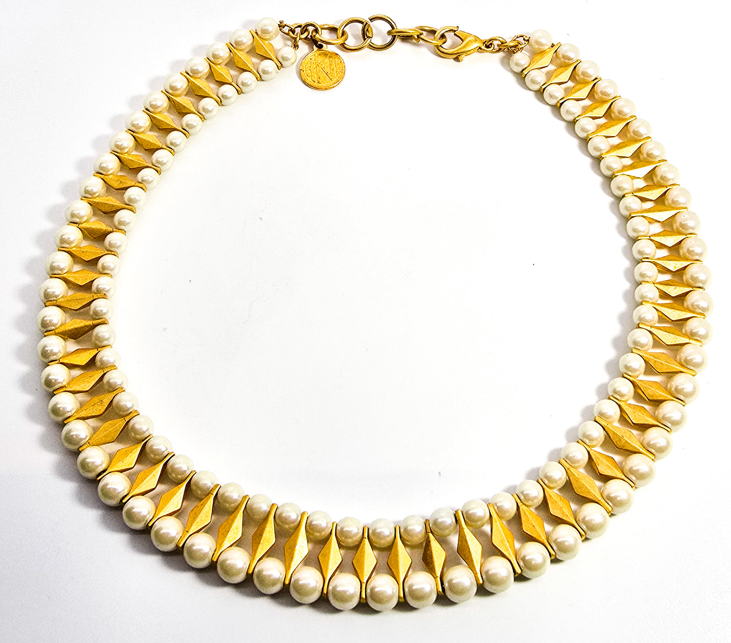 Anne Klein AKI gold toned and white faux pearl vintage signed retro necklace