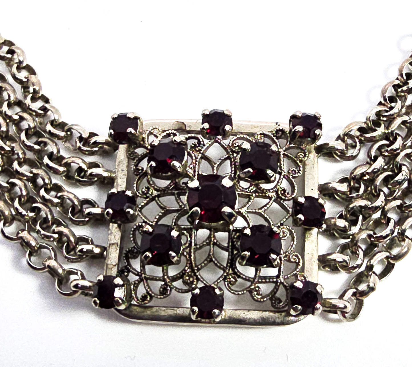 Deep Ruby Red Rhinestone 5 chain mid century vintage choker necklace