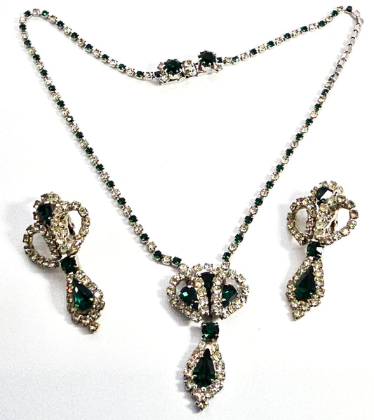 Green rhinestone pear cut vintage halo necklace and clip on earrings demi parure set