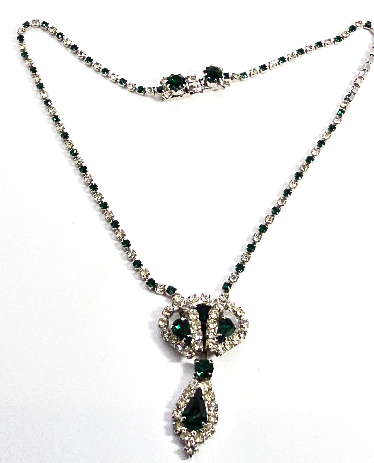 Green rhinestone pear cut vintage halo necklace and clip on earrings demi parure set