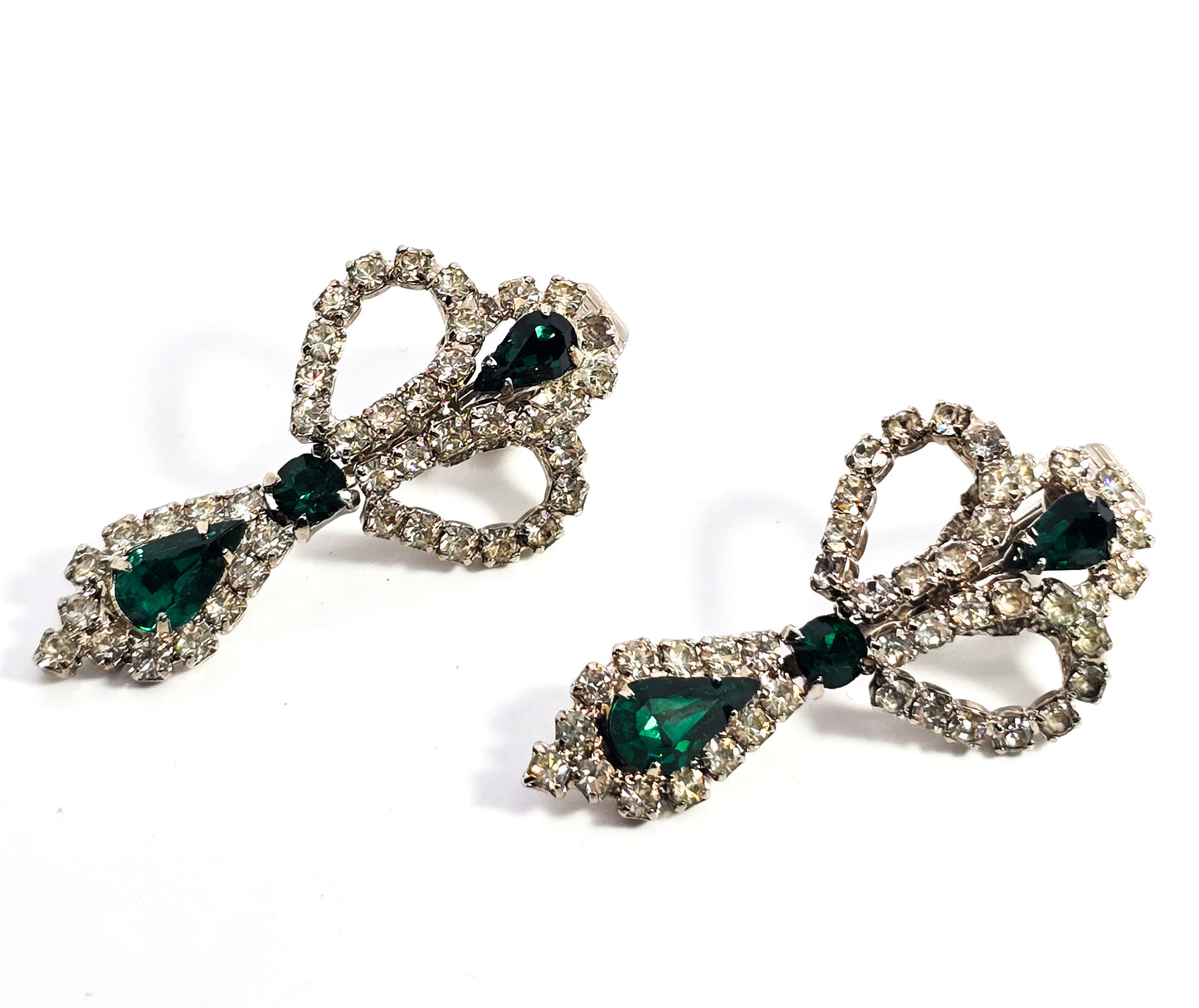 Green rhinestone pear cut vintage halo necklace and clip on earrings demi parure set