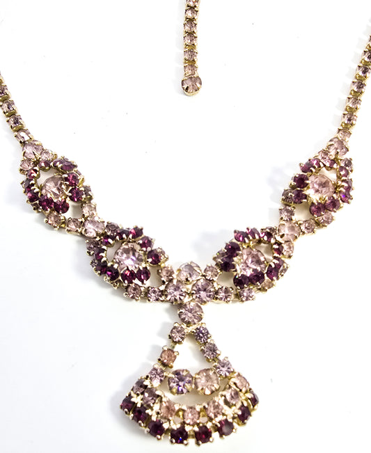 Purple and lavender rhinestone large vintage statement necklace