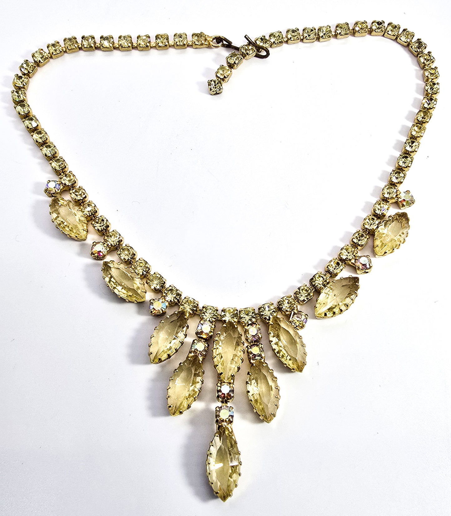 Jonquil yellow rhinestone AB Aurora Borealis prong set rhinestone statement necklace