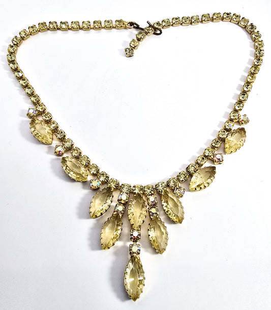 Jonquil yellow rhinestone AB Aurora Borealis prong set rhinestone statement necklace