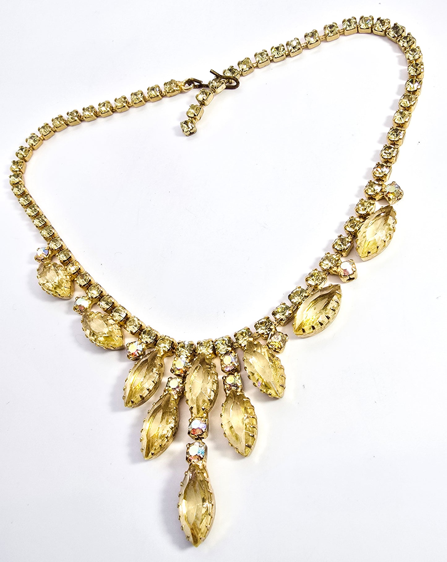 Jonquil yellow rhinestone AB Aurora Borealis prong set rhinestone statement necklace