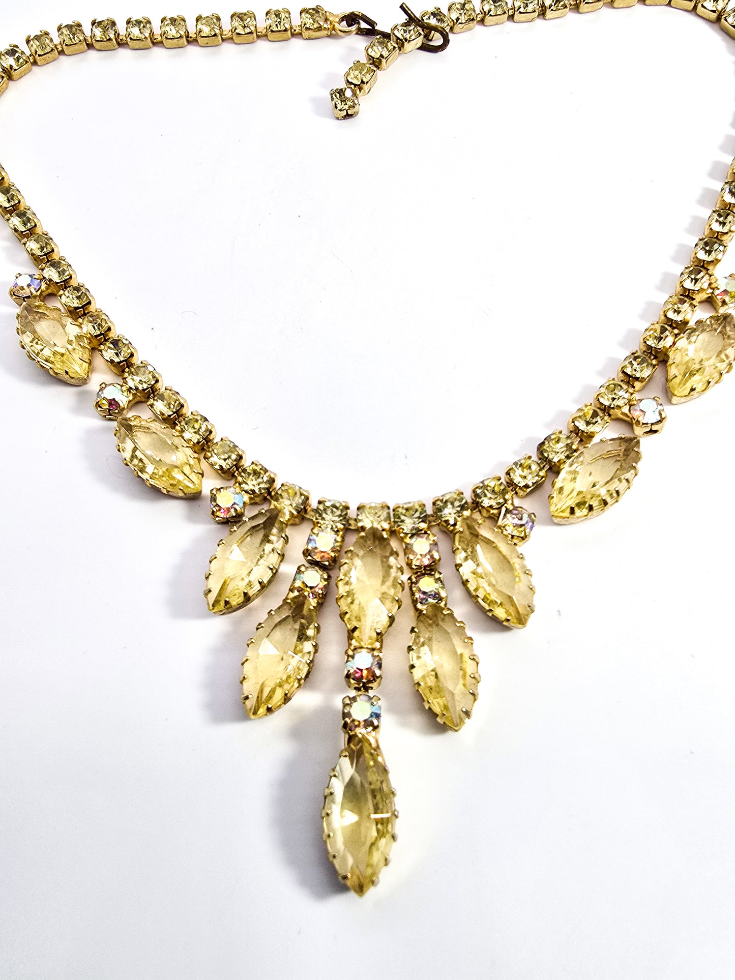 Jonquil yellow rhinestone AB Aurora Borealis prong set rhinestone statement necklace