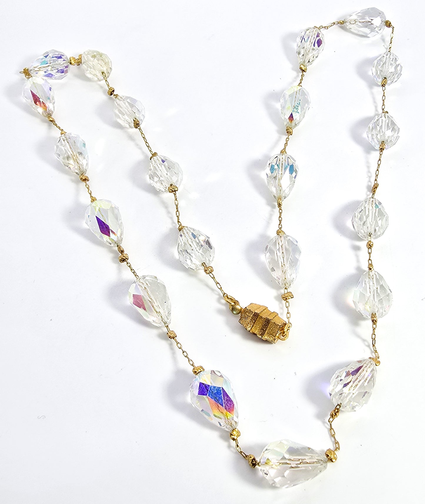 Aurora borealis faceted rainbow gold toned vintage stationary necklace