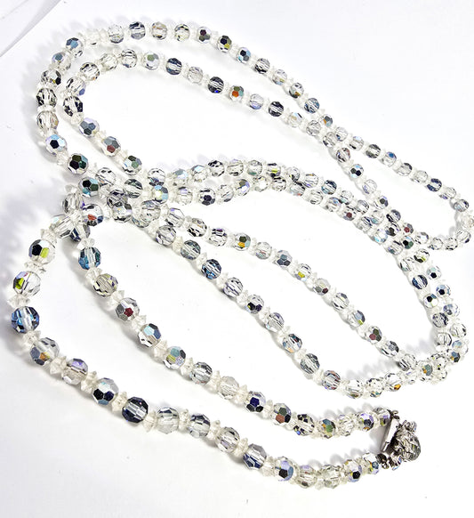 Blue Aurora Borealis Austrian Crystal long opera length 59 inch vintage necklace