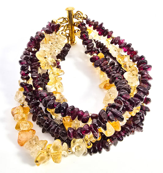 Citrine and Garnet gemstone chip 6 strand bracelet yellow gold plated bracelet