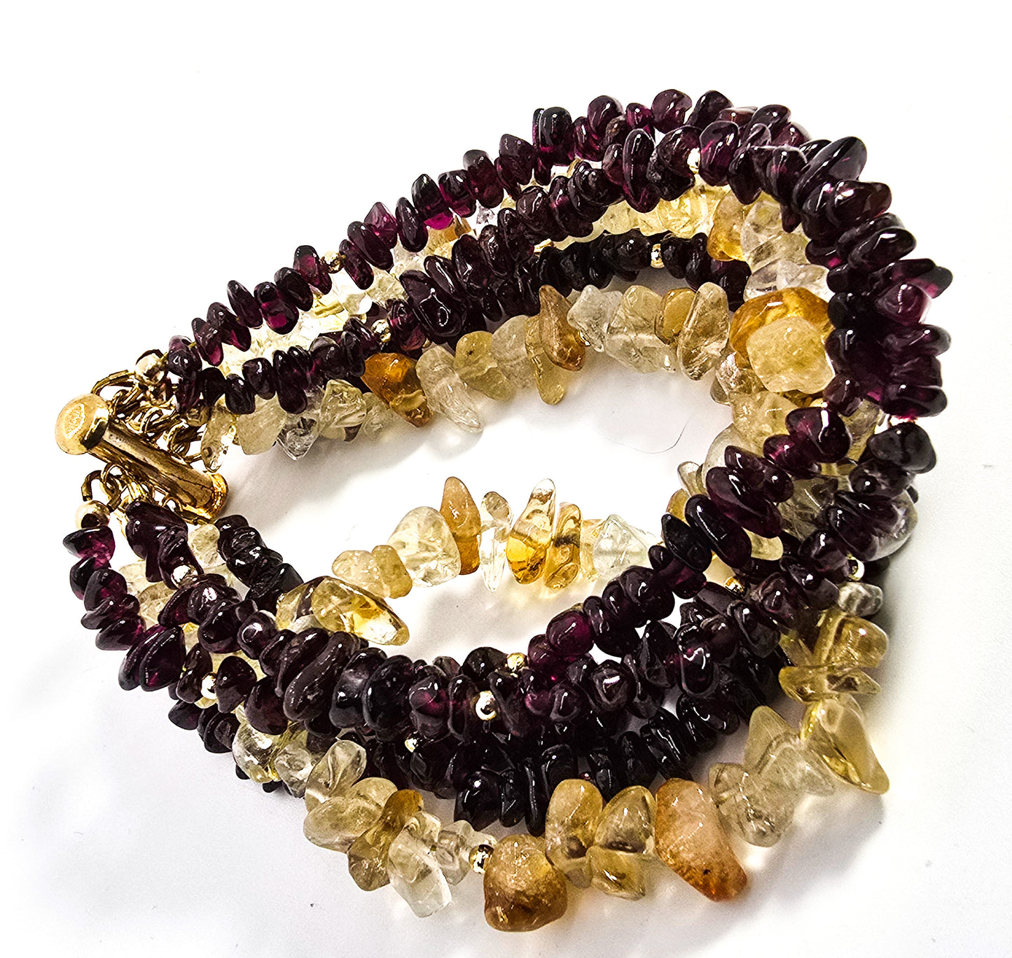 Citrine and Garnet gemstone chip 6 strand bracelet yellow gold plated bracelet