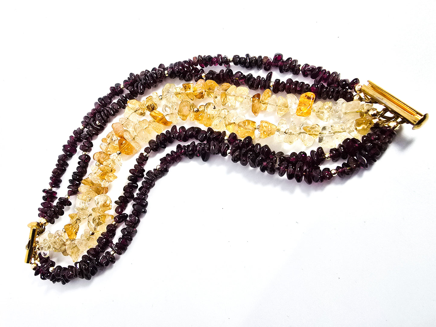 Citrine and Garnet gemstone chip 6 strand bracelet yellow gold plated bracelet