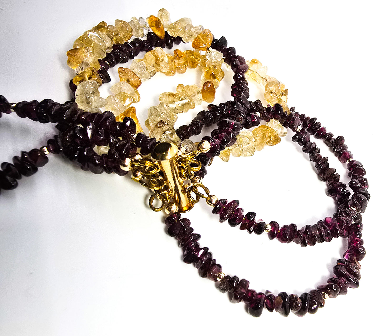 Citrine and Garnet gemstone chip 6 strand bracelet yellow gold plated bracelet