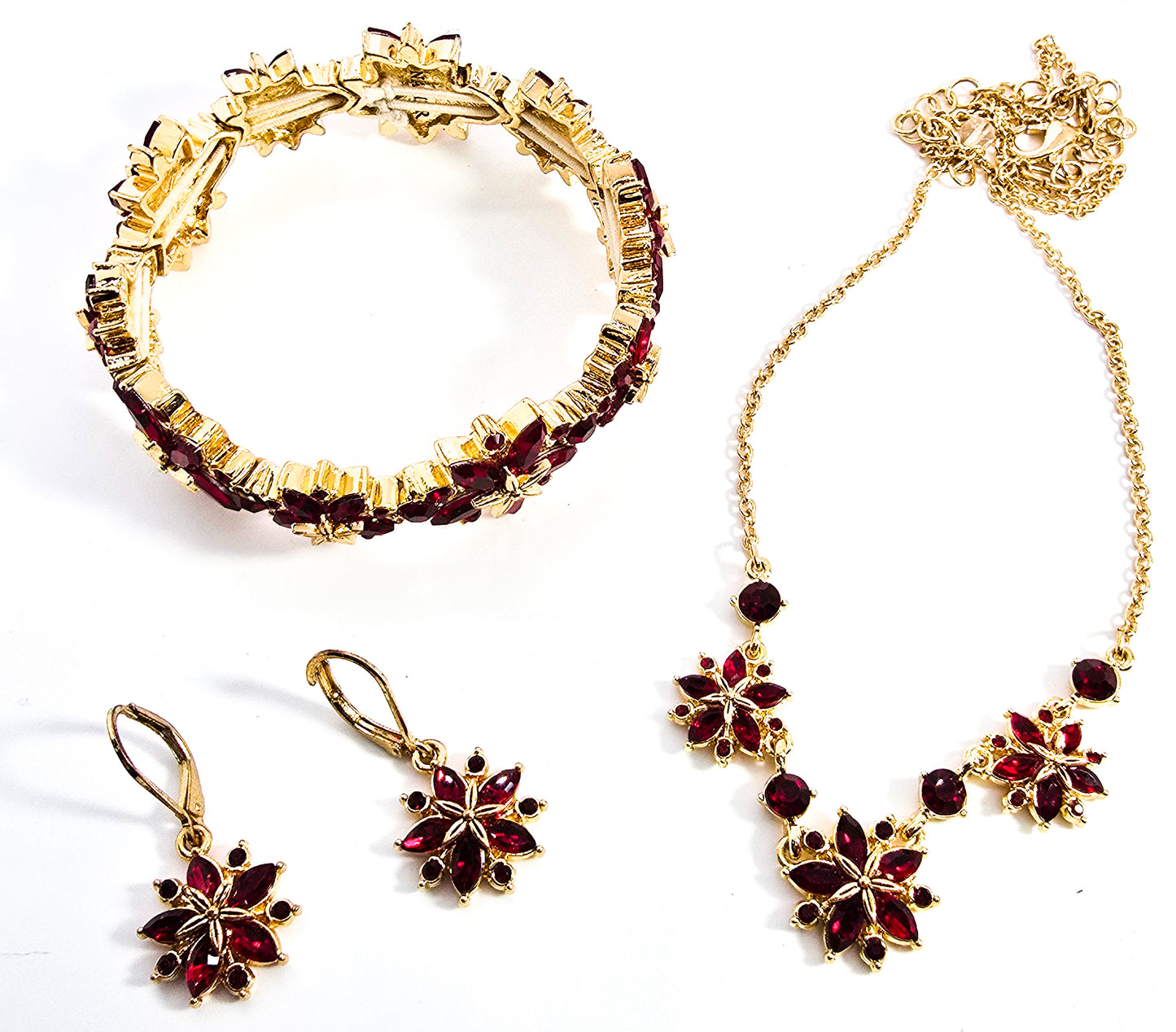 Napier Gold Tone Red Poinsettia bracelet, necklace and earrings signed set