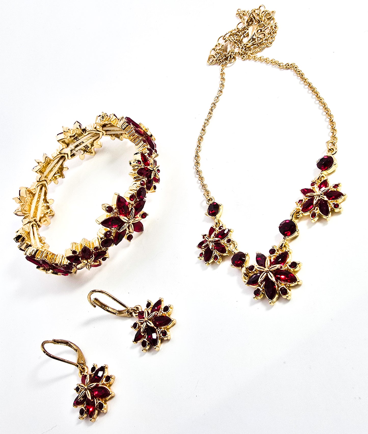 Napier Gold Tone Red Poinsettia bracelet, necklace and earrings signed set